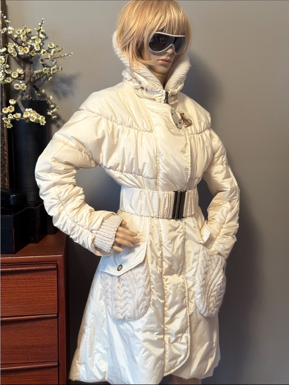 FOCE Firenze Cream Quilted Belted Puffer Coat with Knit-Trim Pockets